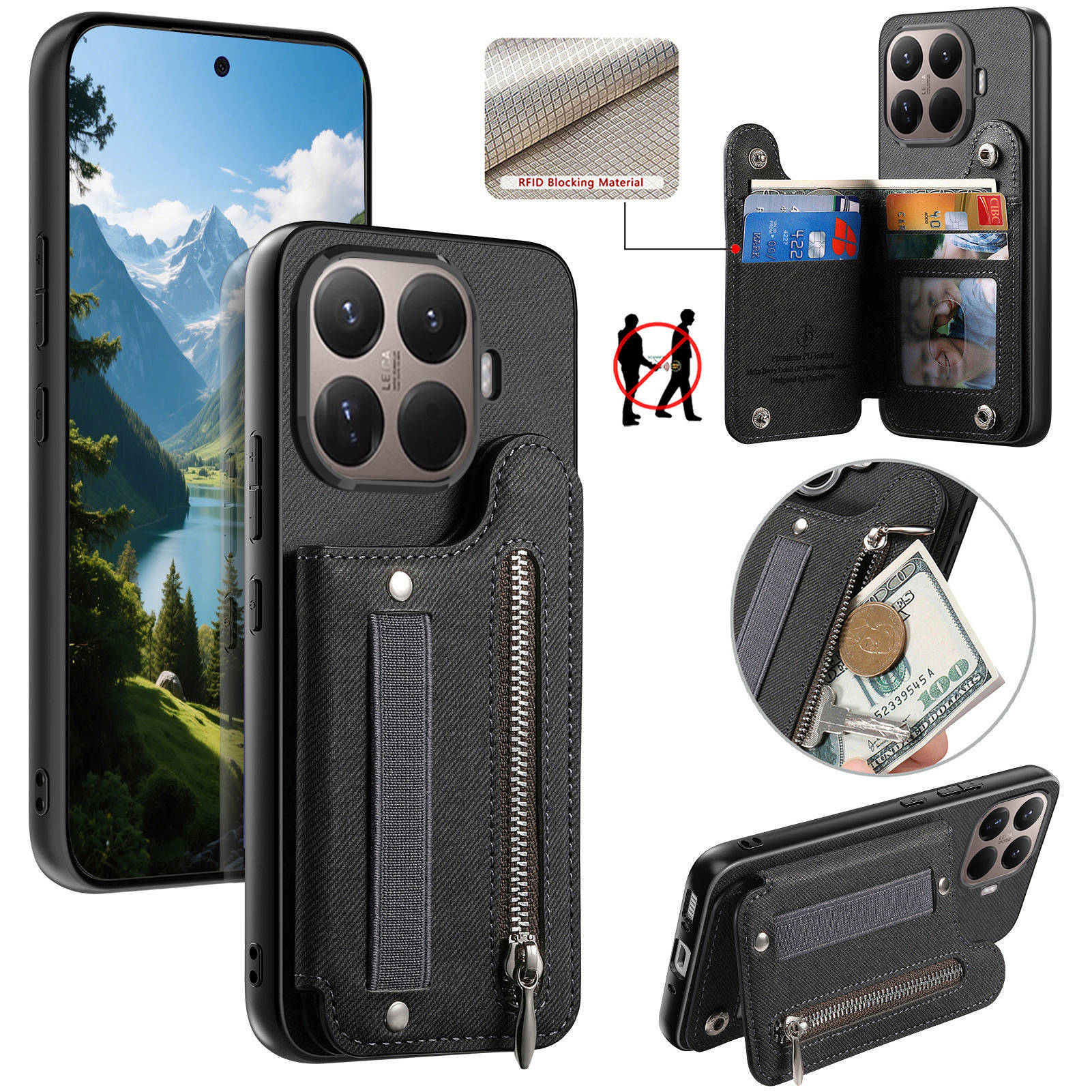 RFID Wrist Strap Zipper Wallet - Leather Wallet Card Holder Phone Cover 评论和价格